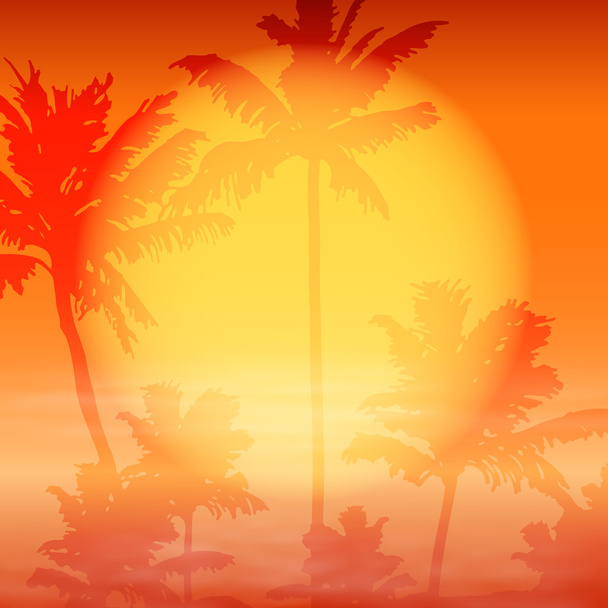 Θάλασσα ηλιοβασίλεμα με φοίνικες - Διάνυσμα, εικόνα