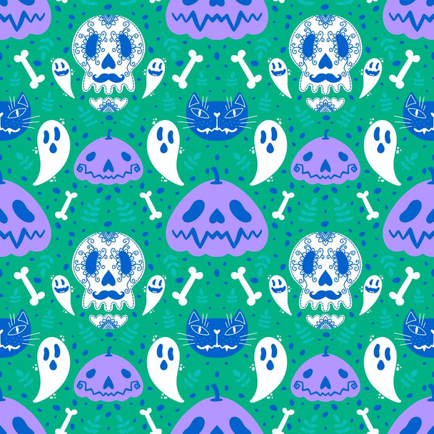 Halloween pumpkins seamless ghost and bones and cat pattern for wrapping paper and linens and fabrics and kids clothes print and autumn accessories. High quality illustration - Fotoğraf, Görsel