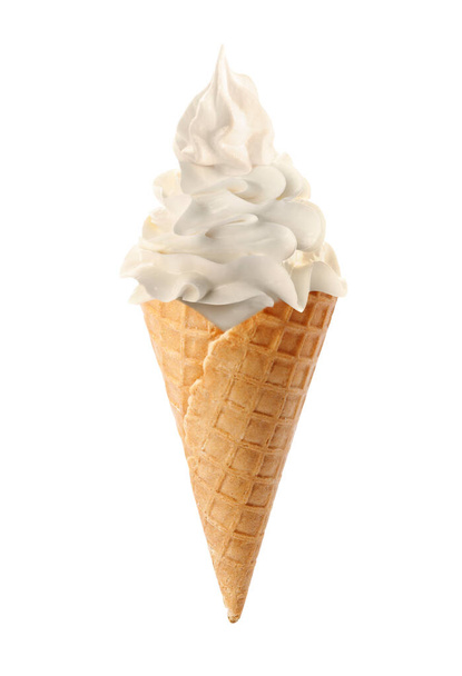 Tasty ice cream in waffle cone isolated on white. Soft serve - 写真・画像