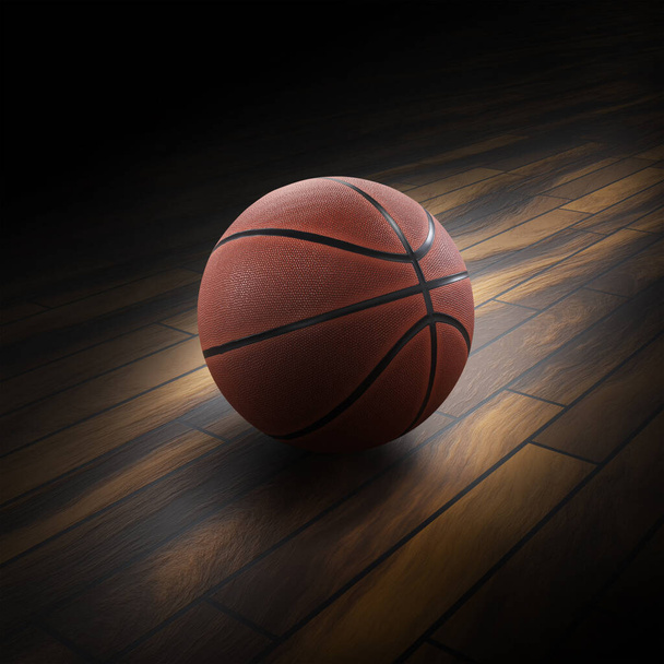 Un basketball avec un fond sombre sur un plancher de gymnase en bois dur
 - Photo, image