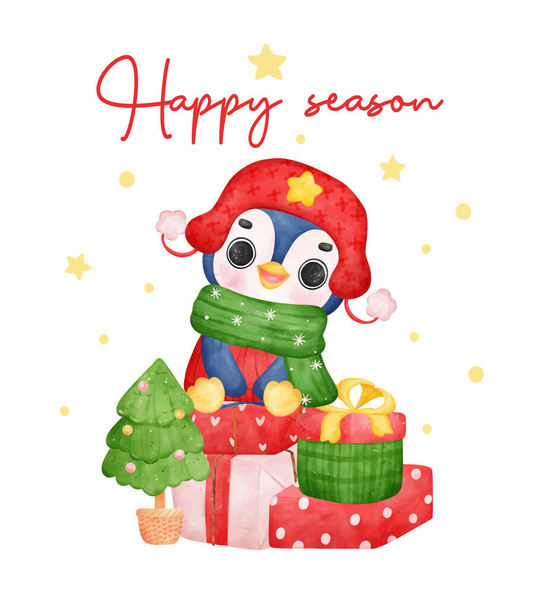 Adorable pingouin célèbre Noël, assis sur des boîtes-cadeaux. Caricature aquarelle colorée  - Vecteur, image
