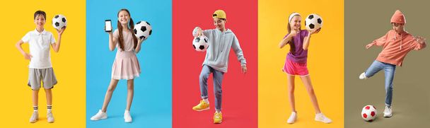 Set of children with soccer balls on color background - Foto, afbeelding