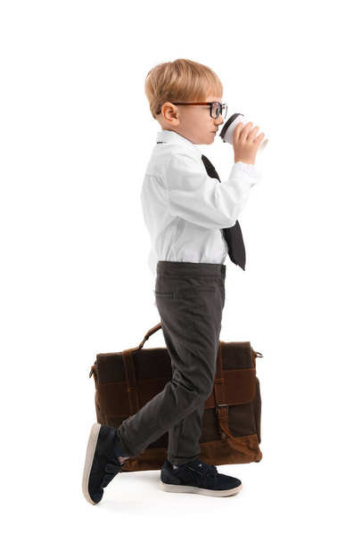 Funny little businessman with cup of coffee and briefcase on white background - Zdjęcie, obraz