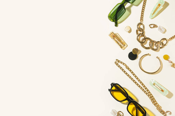 Stylish accessories with sunglasses on light background - Φωτογραφία, εικόνα
