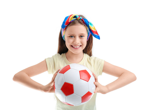 Little girl with soccer ball on white background - Φωτογραφία, εικόνα