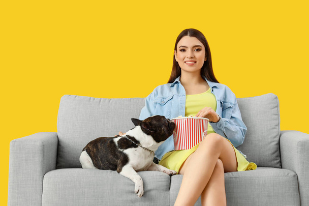 Молодая женщина со своим французским бульдогом ест попкорн на диване на желтом фоне - Фото, изображение