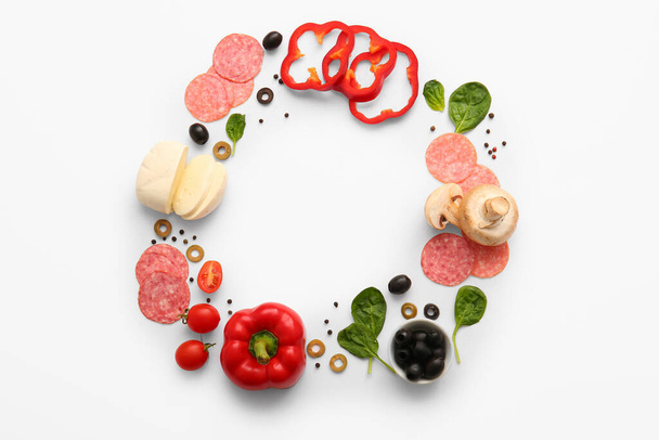 Frame made of fresh ingredients for preparing pizza on white background - Foto, immagini