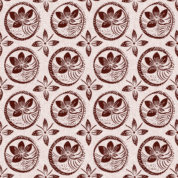 Maroon red country floral blockprint linen seamless pattern. Allover print of French cottage interior cotton effect flower fabric background - Photo, Image