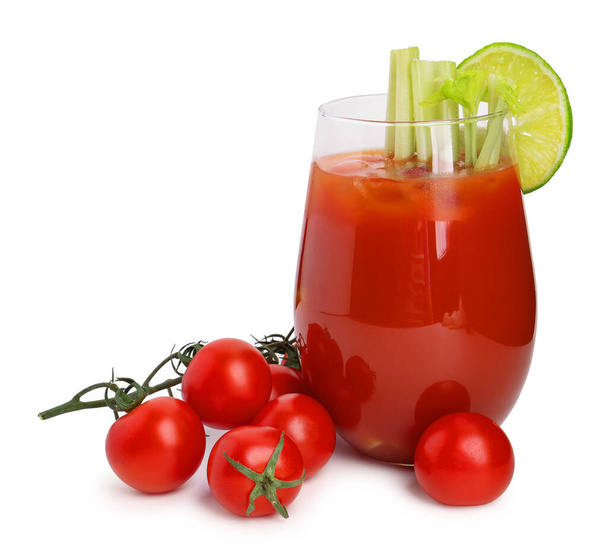 Glass of bloody mary with celery and lime on white background - Photo, Image