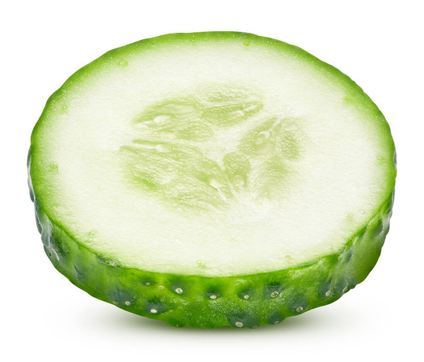 Cucumber slice isolated on a white background with clipping path. Cucumber macro studio photo - Zdjęcie, obraz