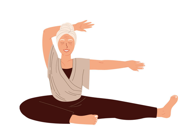 Stárnoucí ženská postava Realxing v angažmá jóga praxe izolované, bílé pozadí.důchodci starší uvolněné ženy protahování meditace.Pilates cvičení, tréninková třída.Cartoon lidé vektorové ilustrace - Vektor, obrázek