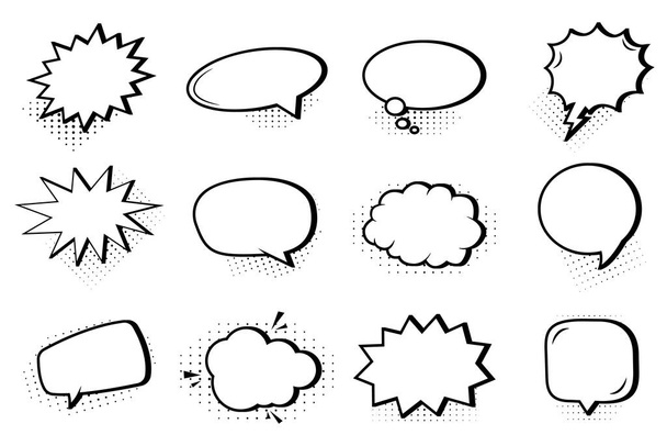 Conjunto de nuvens de discurso bolha cômica com sombras de meio-tom. Pop arte retro desenhos animados adesivos. Ilustração vetorial - Vetor, Imagem