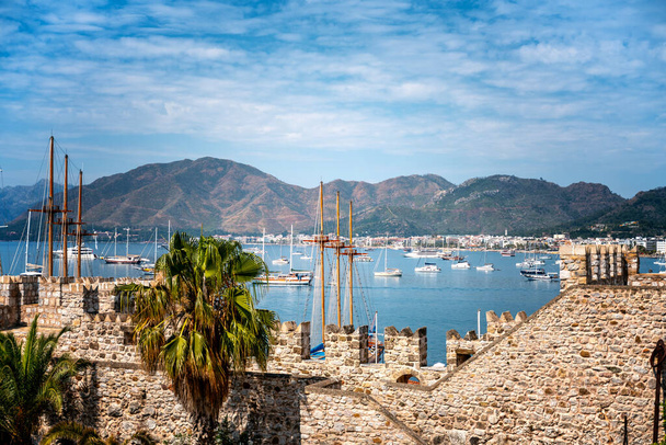 Beautiful view of the marina with boats and ships in the bay of Marmaris in Turkey on the coast of the Aegean Sea. - Photo, image
