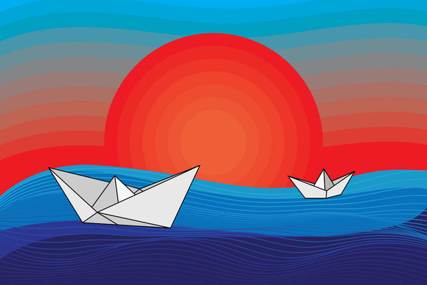 Illusztráció az absztrakt papír hajó vonal hullám kék és a nap háttér. - Vektor, kép