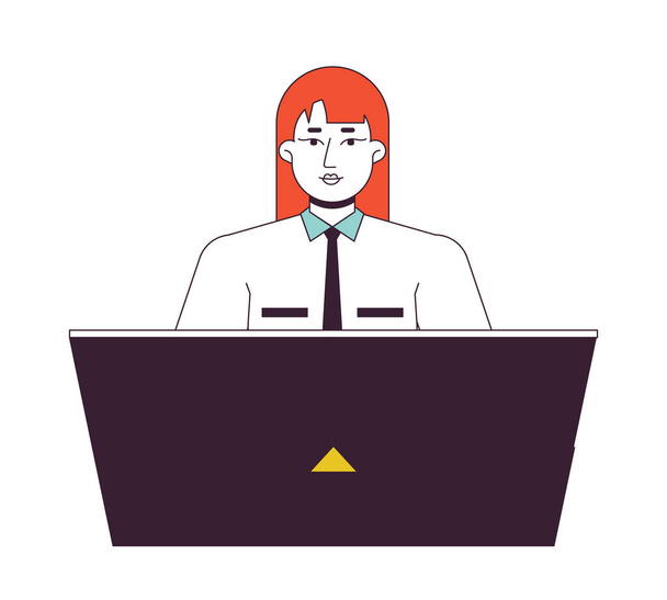 Female receptionist office worker flat line color vector character. Editable outline half body person on white. Secretary. Woman laptop work simple cartoon spot illustration for web graphic design - Vektor, kép