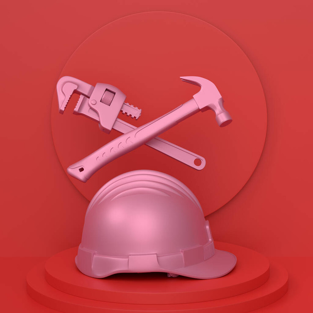 Abstract scene or podium with carpenters tools on monochrome background. 3d render of scene for product presentation carpenter tool for repair and building on stage, pedestal or platform - Photo, image