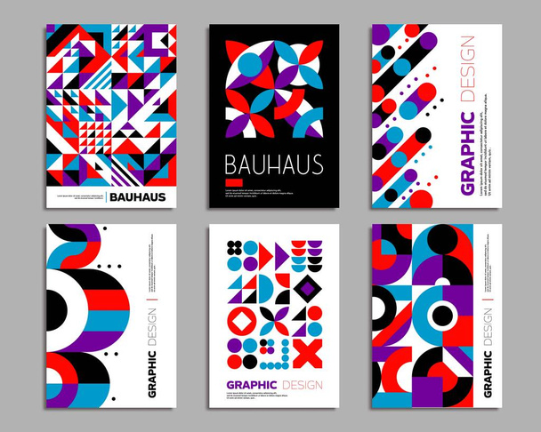 Bauhaus posters sjablonen. Geometrische abstracte achtergrond patronen. Ontwerp van de evenementenflyer, bedrijfspresentatie vector poster, bedrijfspromo folder met Bauhaus abstract geometrisch patroon - Vector, afbeelding