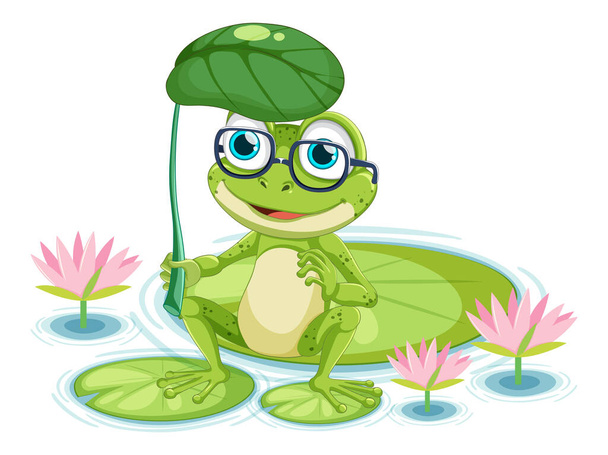 Illustration de parapluie de personnage de bande dessinée grenouille verte tenant une feuille - Vecteur, image