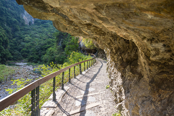 Szlak turystyczny Shakadang w Parku Narodowym Taroko Tajwan. Chroniony górski krajobraz leśny nazwany na cześć przełomowego wąwozu Taroko, wyrzeźbionego nad rzeką Liwu. Tajwan cuda naturalne i dziedzictwo. - Zdjęcie, obraz