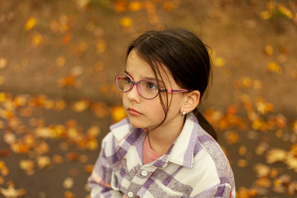 Portrait of a little girl with eyeglasses in autumn park - Photo, Image