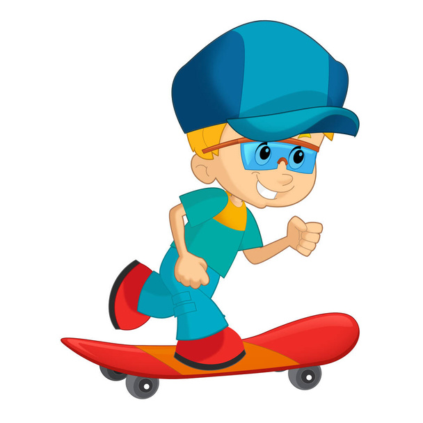 cartoon scene with boy on a skateboard training learning isolated illustation for kids - Photo, image