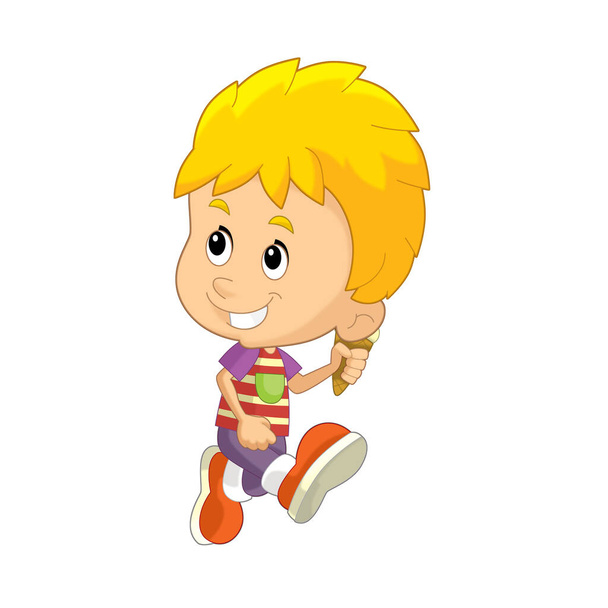 cartoon scene with young boy eating ice cream having fun isolated illustation for kids - 写真・画像
