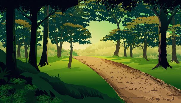 Camino de la suciedad a través de un bosque verde y a través de los árboles exuberante vegetación vector ilustración - Vector, imagen