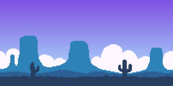 Colorido simple vector pixel art ilustración horizontal del paisaje azul del Gran Desierto Americano con rocas y cactus en estilo de plataformas retro - Vector, Imagen