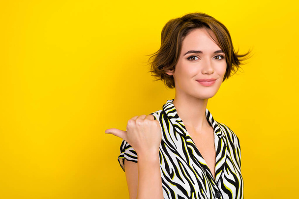 Portrait of beautiful lady showing news offer empty space billboard wear zebra print summer blouse isolated yellow color background. - Photo, Image