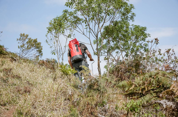 Caminhante masculino com mochila andando no topo de uma montanha com fundo paisagístico. - Foto, Imagem