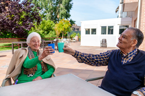 Starszy mężczyzna i kobieta, promieniujący szczęściem, siedzą w geriatrycznym ogrodzie. Wznoszą kolorowe kieliszki w wesołym toście, świętując życie. - Zdjęcie, obraz