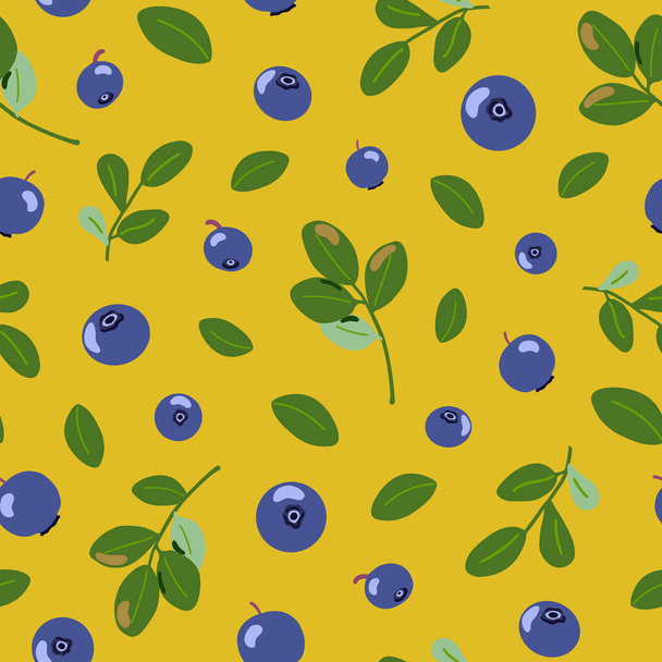Bilberry vector seamless pattern. Northern blue forest berries and leaves. Hand drawn cartoon summer fruits on yellow background. Healthy food with vitamin C for packaging, decoration, fabrics print - Vetor, Imagem