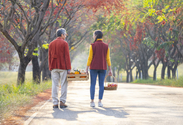 rear view,father and daughter carrying harvested fruits in wooden storage crate together walking along the street,happy family working in nature,concept of seasonal fruit picking,harvesting in autumn - Photo, Image