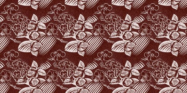 Maroon red country floral blockprint linen seamless border. Print of French cottage interior cotton effect flower fabric washi tape - Photo, Image