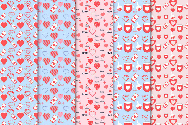 Abstract love pattern elements vector for wrapping papers, wallpapers, and book covers. Heart shape pattern for couples. Creative Valentine pattern set decoration on pink and blue backgrounds. - Vetor, Imagem