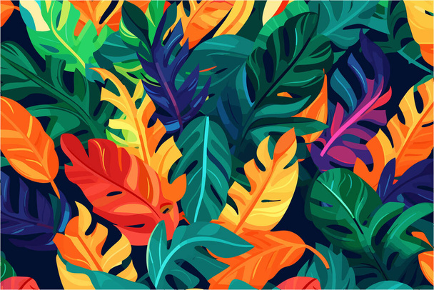 鮮やかな熱帯の葉を描いた素材デザインの壁紙。ドゥアニエ・ルソーの作品に触発されて - ベクター画像