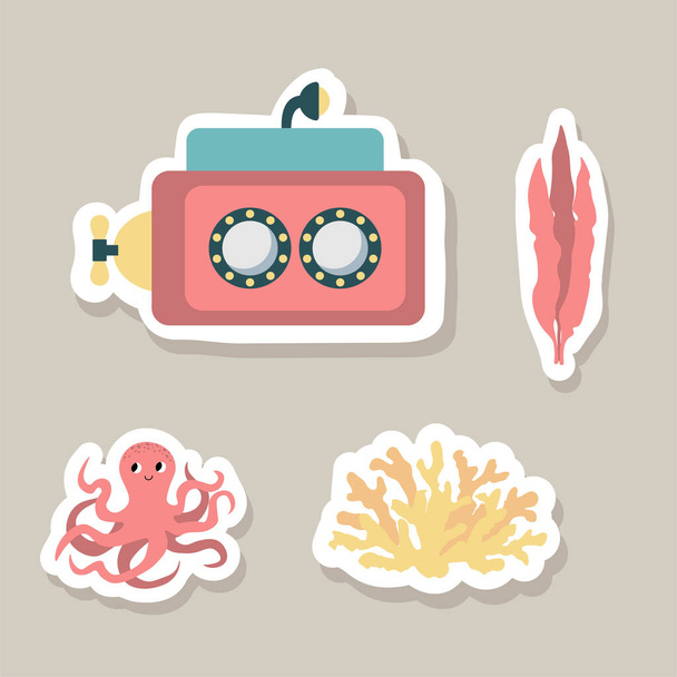 Schattige vector stickers set met onderzeeër, octopus, zeewier.Onderwater tekenfilm creatures.Marine dieren.Leuke oceaan illustratie voor stof, kinderkleding, boek, ansichtkaart, inpakpapier. - Vector, afbeelding