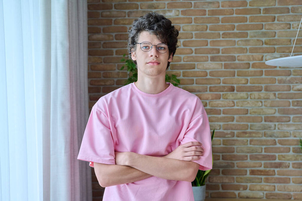 Portrait of a handsome guy 18, 19 years old with crossed arms in home interior. Curly confident young college student in pink t-shirt with glasses looking at camera. Youth, age, lifestyle concept - Fotó, kép