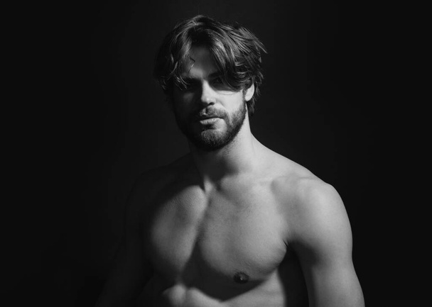 Portrait closeup of young sexy handsome man, male model, muscular hot boy, topless men - Фото, изображение