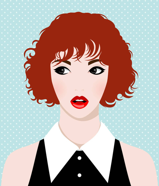 Beautiful young redhead woman with curly hair, open red lips and fresh pink cheeks wearing fashionable black dress with large white collar against light blue dotted background, colorful vector portrait, front view - Vector, Image