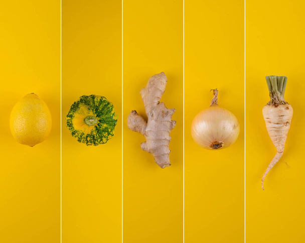 黄色の野菜や果物のコラージュ。秋の収穫 - 写真・画像