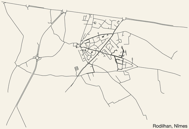 フランス、 NMESのRODILHAN COMMUNEの詳細な手描きのナビゲーション都市道路地図、鮮やかな道路ラインと固体背景に名札でフランス - ベクター画像
