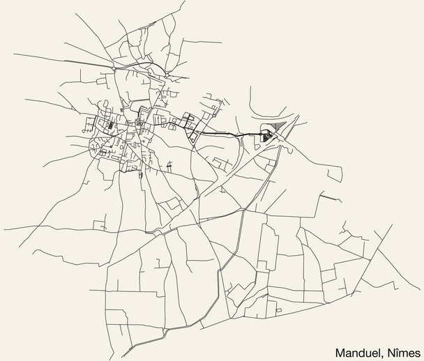 Mapa detalhado de estradas urbanas de navegação desenhadas à mão do COMUNE MANDUEL da cidade francesa de NMES, França, com linhas de estrada vívidas e etiqueta de nome no fundo sólido - Vetor, Imagem