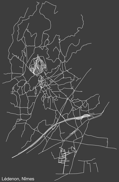 Mapa detalhado das estradas de rua urbanas de navegação desenhadas à mão do COMUNE LDENON da cidade francesa de NMES, França, com linhas de estrada vívidas e etiqueta de nome no fundo sólido - Vetor, Imagem