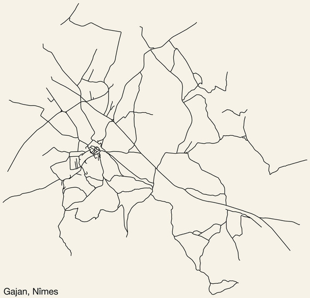 フランス・NMES市のGAJAN COMMUNEの詳細な手描きのナビゲーション・ストリート・ロードマップ、鮮やかなロードラインと名前タグを持つ固体背景 - ベクター画像