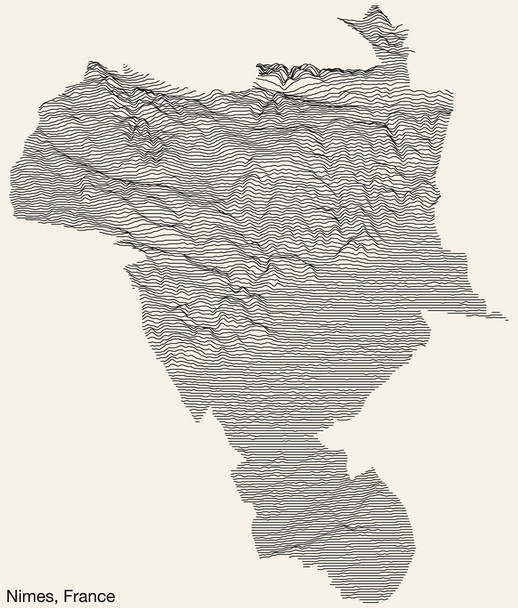 フランス、 NMES市の地形レリーフマップには、ヴィンテージの背景にソリッドコンターラインと名前タグが付いています。 - ベクター画像