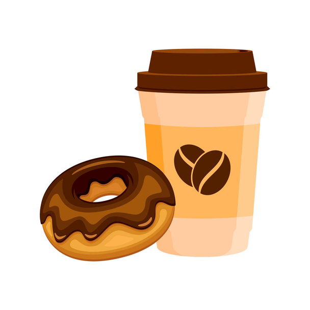 taza de papel de café y chocolate donut vector ilustración. Taza de café de plástico marrón para ir y donut icono vector aislado sobre un fondo blanco - Vector, Imagen