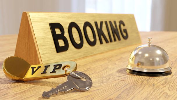 Réception hôtel de luxe avec cloche et service doré symbole vip pour la réservation. - Photo, image