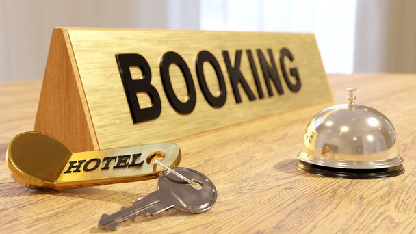 Luxus hotel recepció csengővel és arany szolgáltatás szimbólum a foglalás. - Fotó, kép