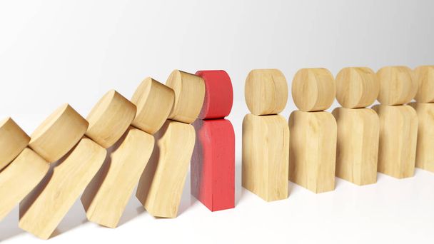 Des dominos en forme de personne tombant et s'arrêtant sur un leader ou une personne clé de couleur rouge. - Photo, image
